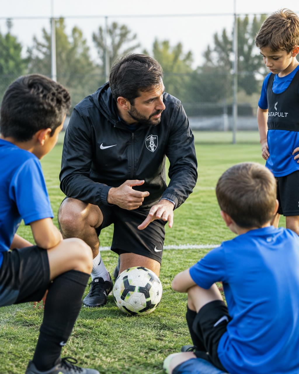 Coach kneeling with young players, explaining a technique beside the ball