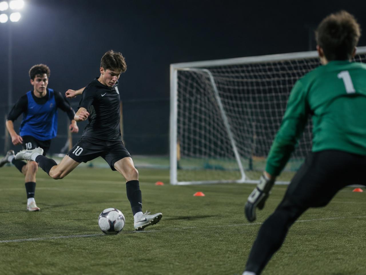 Teen player shooting at goal during a floodlit finishing drill