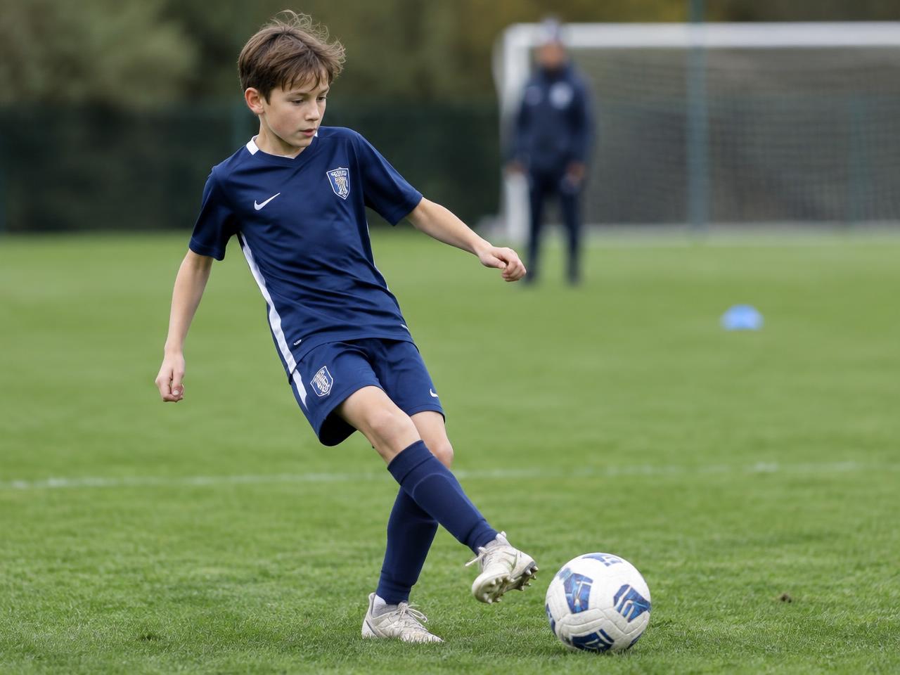 Young player striking a pass during a training drill