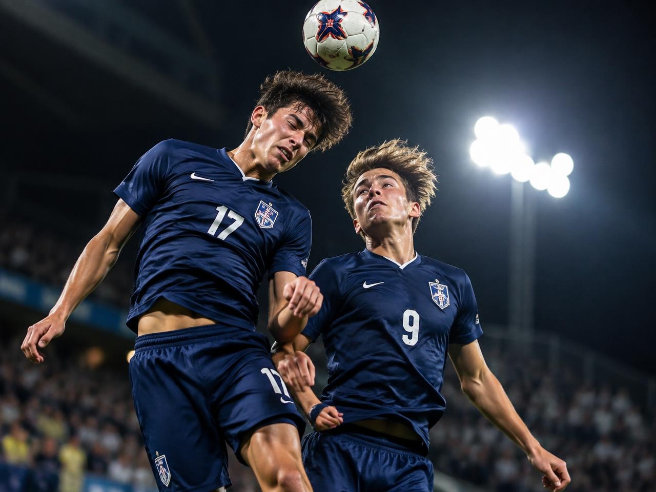 Two older players rising for a header under stadium lights