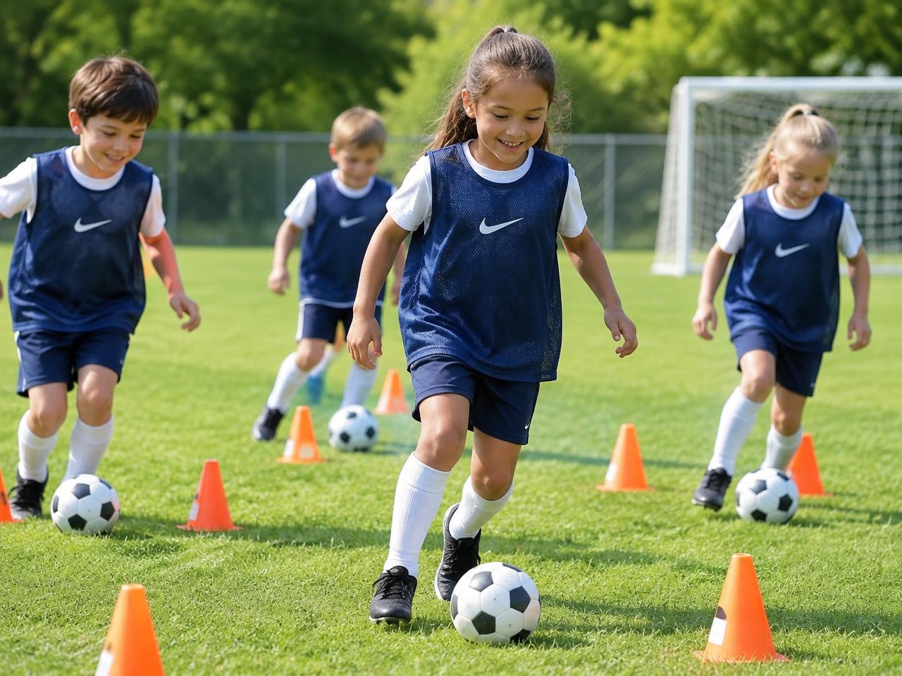 Young children dribbling between cones with big smiles