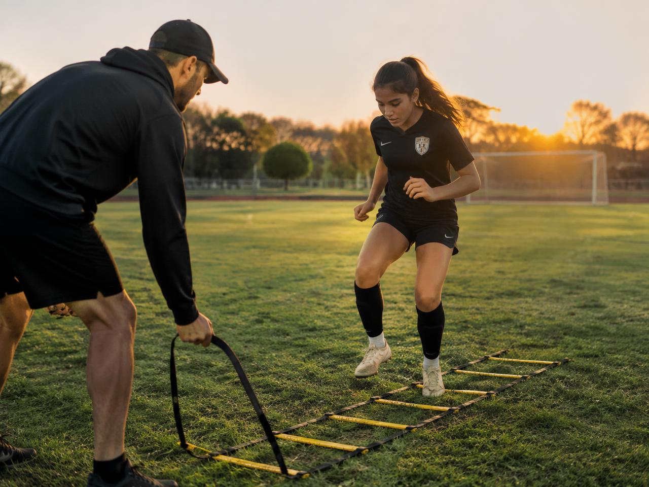 Coach running a one-on-one footwork session with a player at golden hour